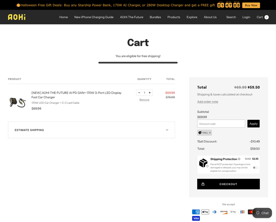 AOHI cart with code 15ALL applied: $10.49 off, total $59.50