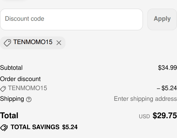 AOHI checkout with code tenmomo15 applied: $34.99 subtotal, $5.24 order discount, total $29.75