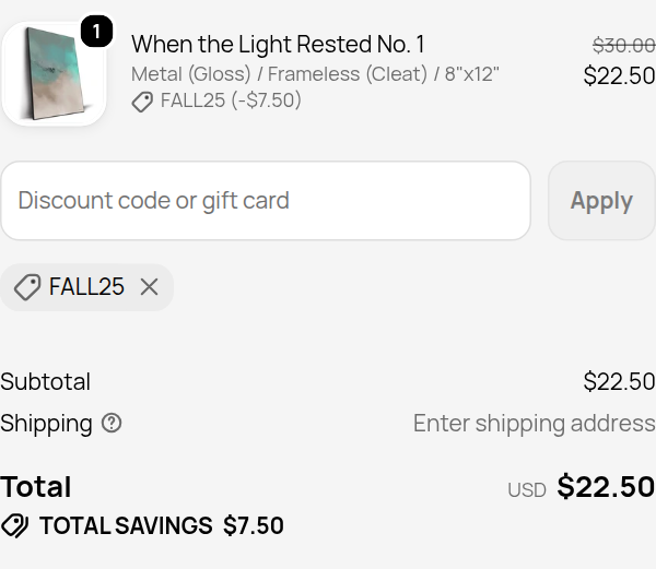 Big Wall Decor checkout with code FALL25 applied: $7.50 off, total $22.50