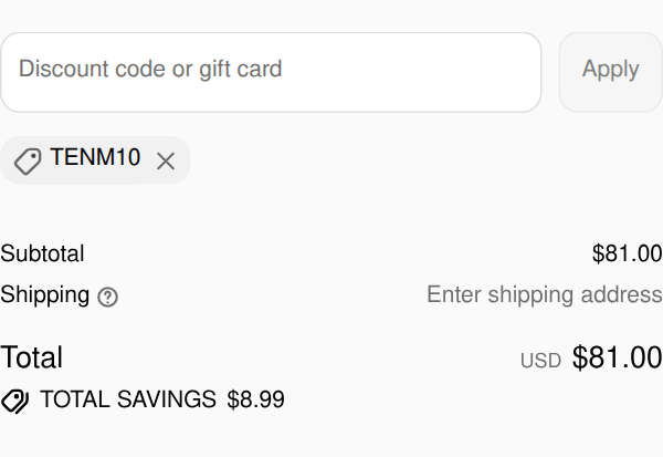 Buture checkout with code TENM10 applied: total $81.00, total savings $8.99