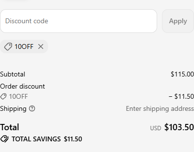 Cables.com checkout with code 10OFF applied: subtotal $115.00, order discount $11.50, total USD $103.50