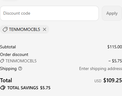 Cables.com checkout with code TENMOMOCBL5 applied: subtotal $115.00, order discount $5.75, total USD $109.25