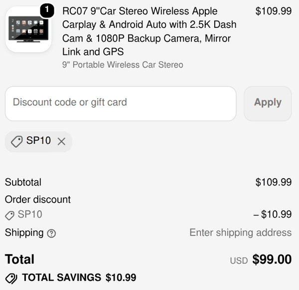 Campark checkout with code SP10 applied to a $109.99 car stereo: order discount $10.99, total $99.00