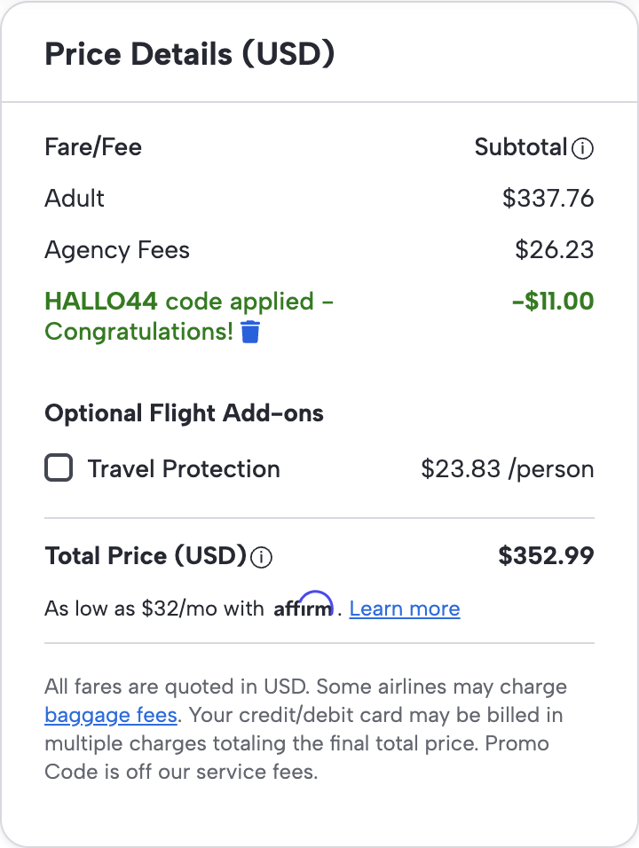 CheapOair checkout with code HALLO44 applied: $11.00 off, total $352.99