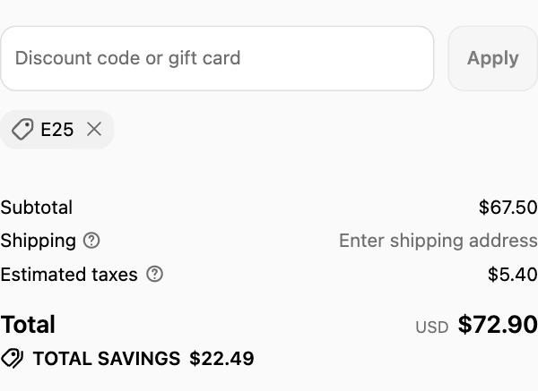 Christian Art Workshop checkout with code E25 applied: subtotal $67.50, estimated taxes $5.40, total $72.90, total savings $22.49