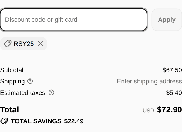 Christian Art Workshop checkout with code RSY25 applied: subtotal $67.50, estimated taxes $5.40, total $72.90, total savings $22.49