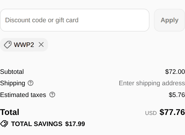 Christian Art Workshop checkout with code WWP2 applied: subtotal $72.00, estimated taxes $5.76, total $77.76, total savings $17.99
