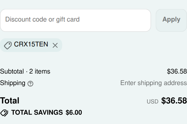 Contours Rx checkout with code CRX15TEN applied to Neck Rescue - 1 Pack: $6.00 off, total $36.58