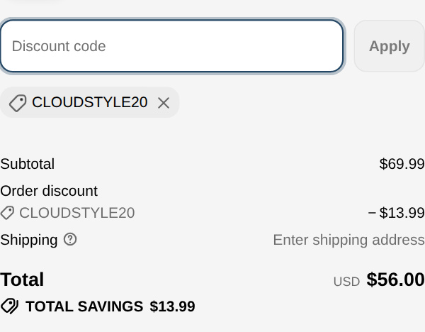 Coudstyle checkout with code CLOUDSTYLE20 applied: subtotal $69.99, order discount $13.99, total USD $56.00