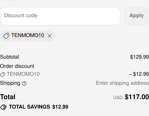 Dr.Prepare checkout with code TENMOMO10 applied: $129.99 subtotal, $12.99 order discount, total $117.00
