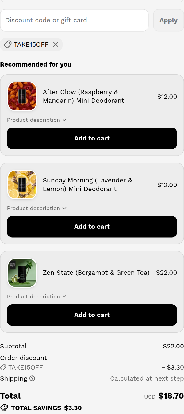 Each & Every checkout with code TAKE15OFF applied: subtotal $22.00, $3.30 off, total $18.70