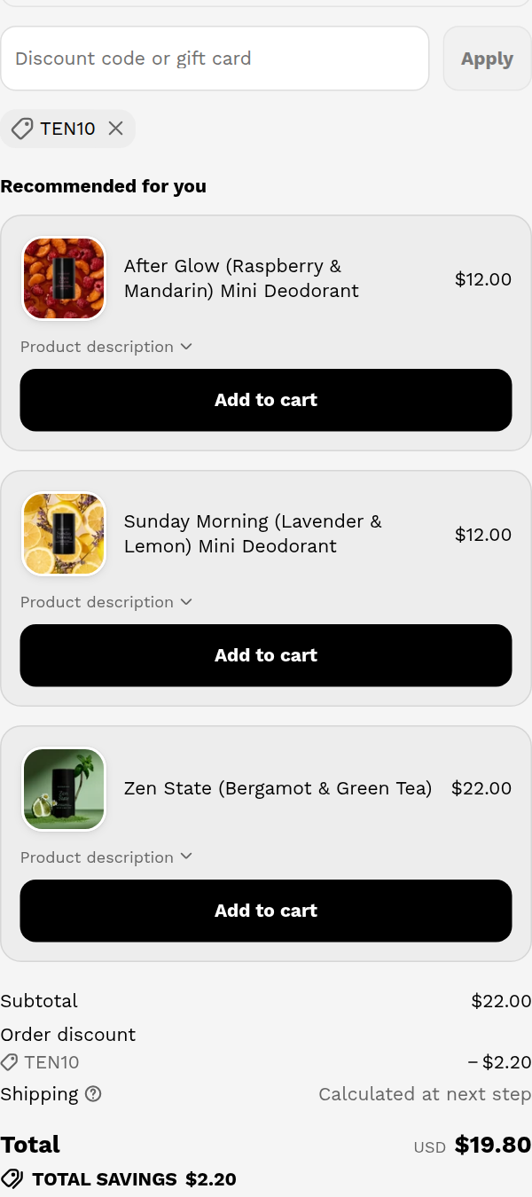 Each & Every checkout with code TEN10 applied: subtotal $22.00, $2.20 off, total $19.80