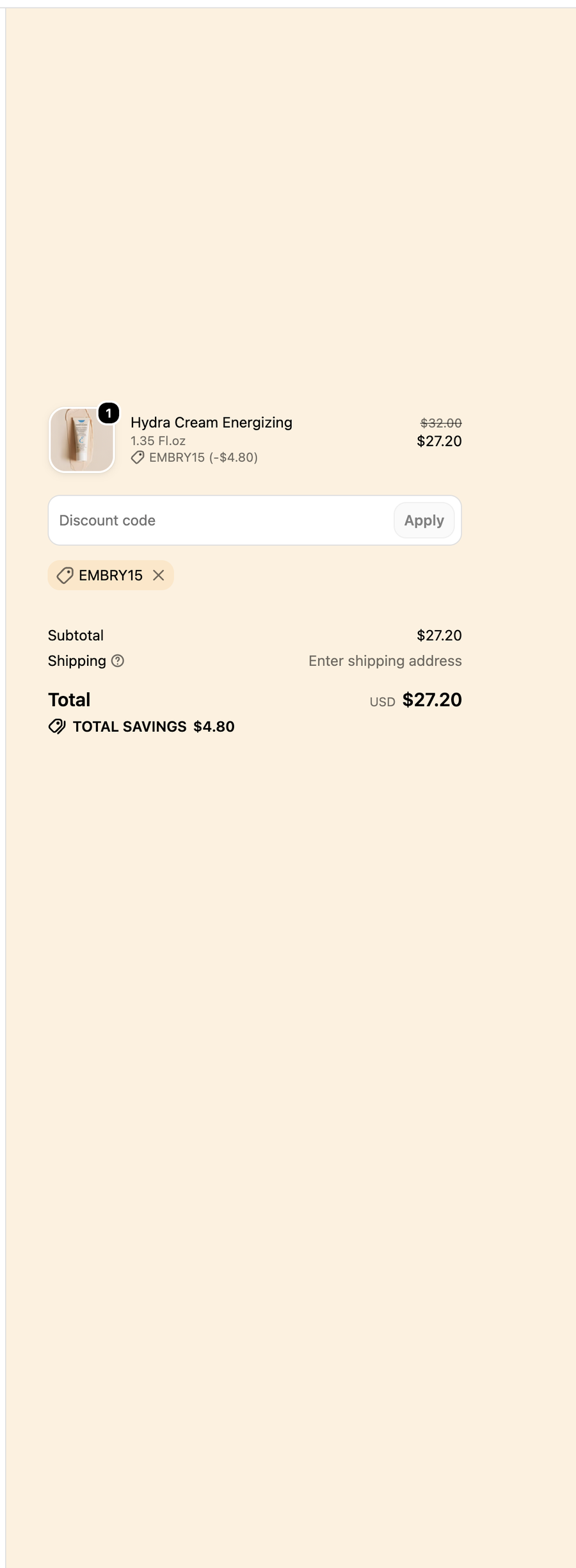 Embryolisse checkout with code embry15 applied to Hydra Cream Energizing - 1.35 Fl.oz: subtotal $32.00, $4.80 off, total $27.20