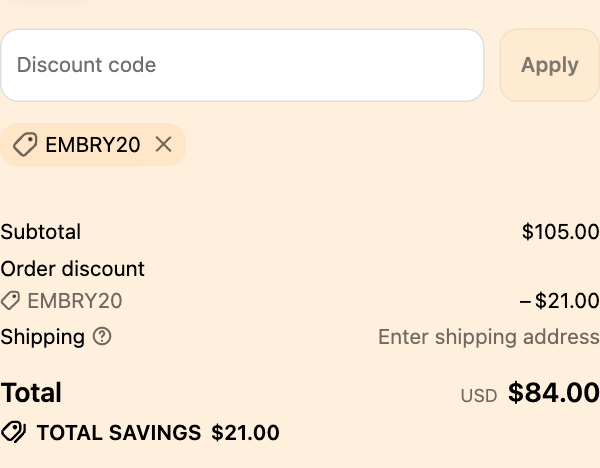 Embryolisse checkout with code EMBRY20 applied to 3 x Radiant Complexion Cream - Apricot Glow - 1.01 fl.oz.: subtotal $105.00, $21.00 off, total $84.00