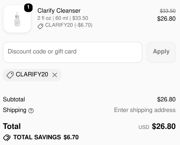 Epicuren checkout with code CLARIFY20 applied to a Clarify Cleanser: $33.50 to $26.80, savings $6.70