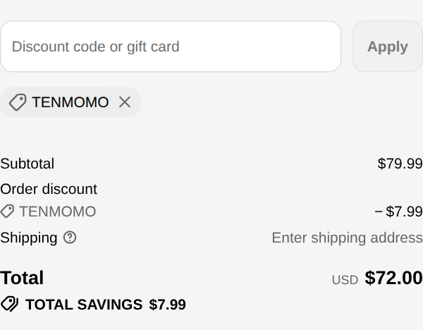 Euhomy checkout with code TENMOMO applied to a $79.99 countertop ice maker: total $72.00, total savings $7.99