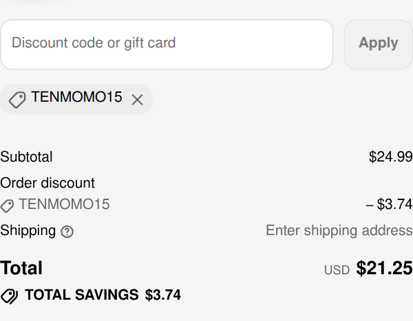 EverLeakProof checkout with code TENMOMO15 applied: subtotal $24.99, order discount $3.74, total USD $21.25