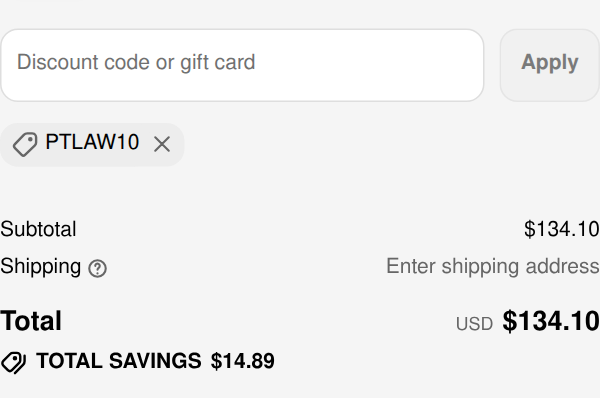 Garvee checkout with code PTLAW10 applied: total $134.10, total savings $14.89