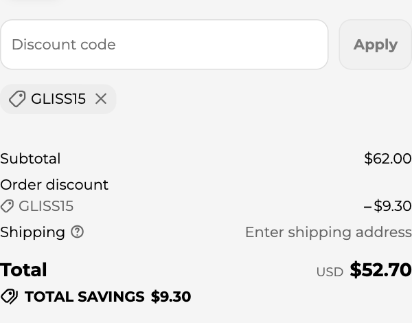 Glissant checkout with code GLISS15 applied: subtotal $62.00, order discount $9.30, total USD $52.70