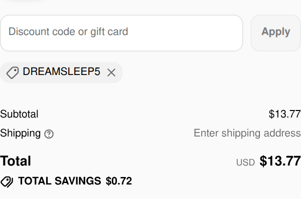 Good Morning Snore Solution checkout with code DREAMSLEEP5 applied: subtotal $13.77, total savings $0.72