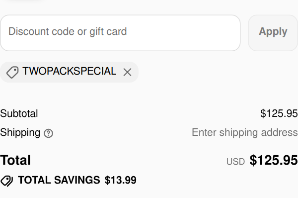 Good Morning Snore Solution checkout with code TWOPACKSPECIAL applied: subtotal $125.95, total savings $13.99