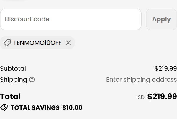 HAVA checkout with code TENMOMO10OFF applied: subtotal $219.99, total $219.99, total savings $10.00