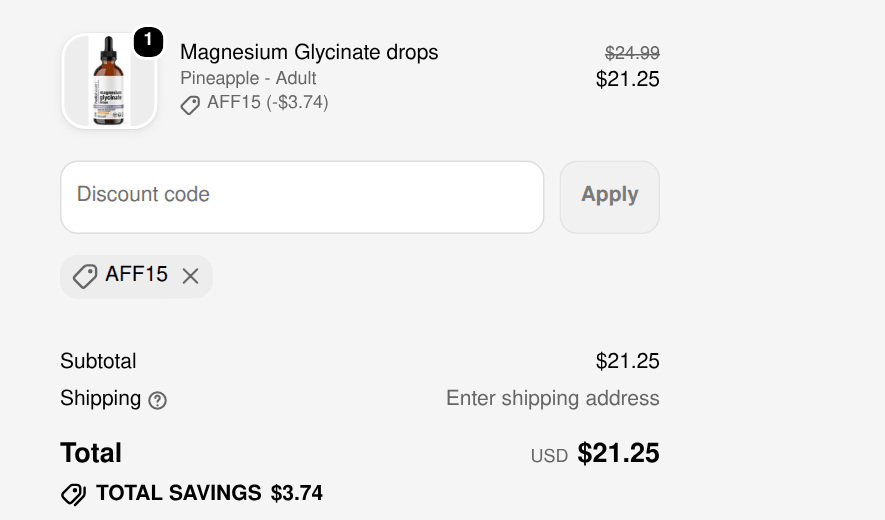 Hello Health checkout with code AFF15 applied to Magnesium Glycinate drops: $3.74 off, total $21.25
