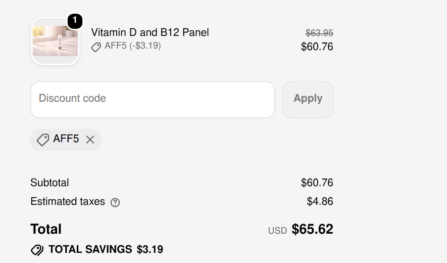 Hello Health checkout with code AFF5 applied to Vitamin D and B12 Panel: $3.19 off, total $65.62
