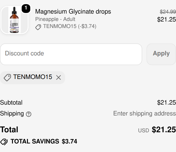 Hello Health checkout with code TENMOMO15 applied to Magnesium Glycinate drops: $3.74 off, total $21.25