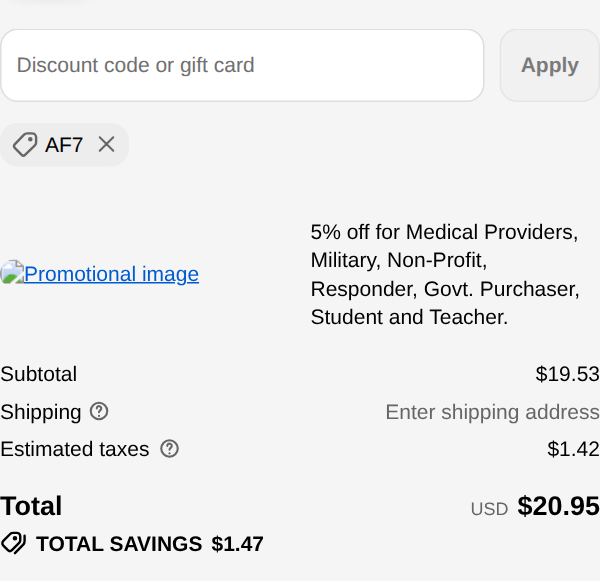 Hiboy checkout with code AF7 applied: subtotal $19.53, total USD $20.95, total savings $1.47