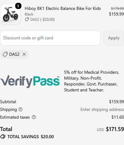 Hiboy checkout with code DAS2 applied: $20.00 off, total $171.59