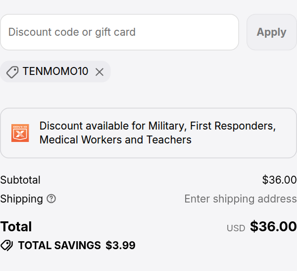 Himiway checkout with code TENMOMO10 applied to a $39.99 front light: total $36.00, total savings $3.99