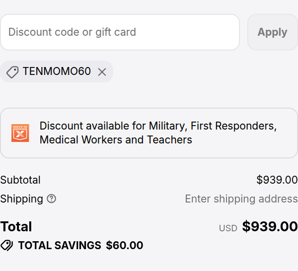 Himiway checkout with code TENMOMO60 applied to a $999 kids e-bike: total $939.00, total savings $60.00