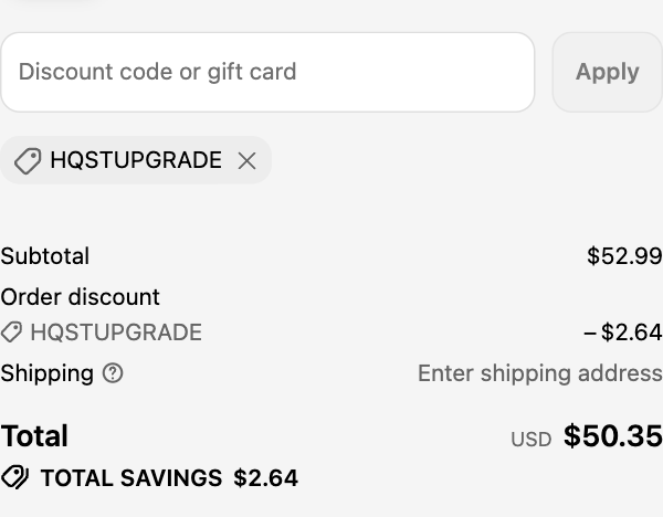 HQST checkout with code HQSTUPGRADE applied: subtotal $52.99, order discount $2.64, total USD $50.35