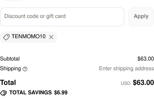 Imarku checkout with code TENMOMO10 applied to an $69.99 chef knife, total $63.00, savings $6.99