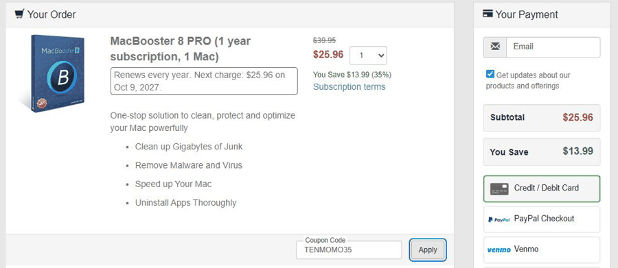 IObit checkout with code TENMOMO35 applied: MacBooster 8 PRO $39.95 to $25.96, you save $13.99 (35%)