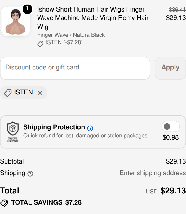 Ishow Hair checkout with code ISTEN applied: $7.28 off, total $29.13