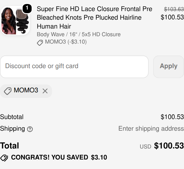 Lashey Hair checkout with code MOMO3 applied: $3.10 off, total $100.53