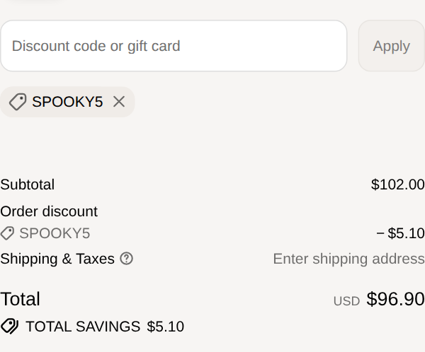 MagicLinen checkout with code SPOOKY5 applied: subtotal $102.00, order discount $5.10, total USD $96.90