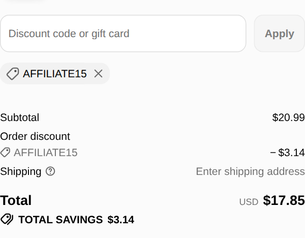 Magicshine checkout with code AFFILIATE15 applied: subtotal $20.99, order discount $3.14, total USD $17.85