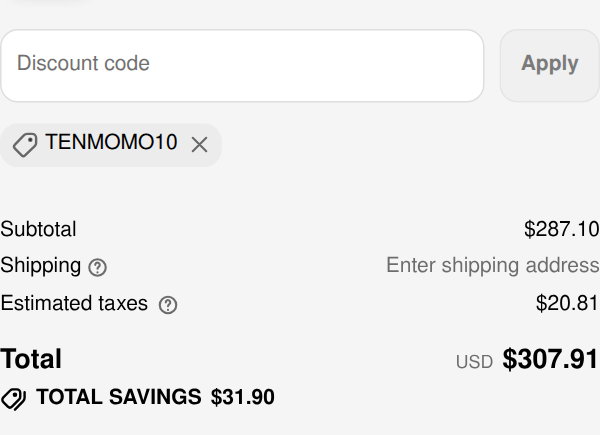 Mattress Express checkout with code tenmomo10 applied to Halo Hybrid Mattress - 12" / Twin: $31.90 off, total $307.91