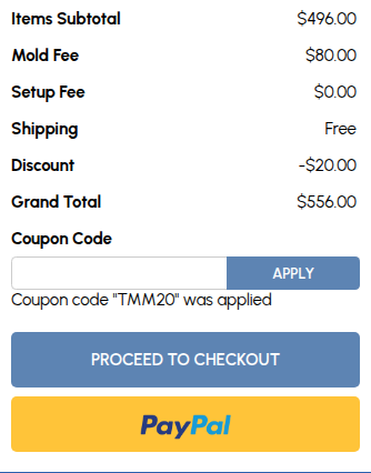 MaxEmblem cart with code TMM20 applied: items $496.00, mold fee $80.00, discount -$20.00, grand total $556.00, message Coupon code "TMM20" was applied