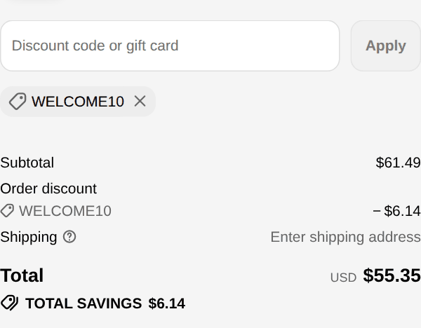 Microbiome Plus checkout with code WELCOME10 applied: subtotal $61.49, order discount $6.14, total $55.35