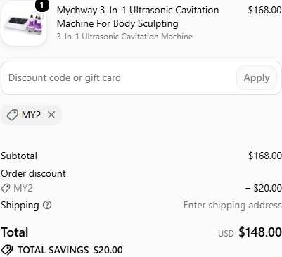 Mychway Online checkout with code MY2 applied: subtotal $168.00, $20.00 off, total $148.00