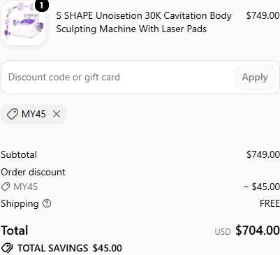 Mychway Online checkout with code MY45 applied: subtotal $749.00, $45.00 off, total $704.00