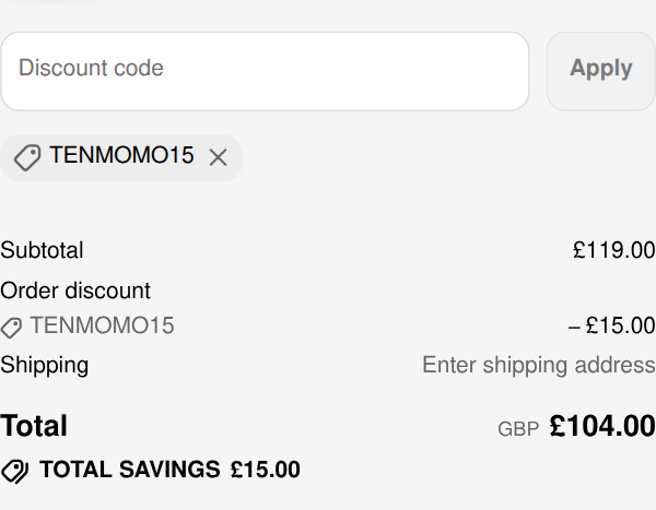 myChway UK checkout with code tenmomo15 applied to Home Use 2.5 Body Endermologie Machine: £15.00 off, total £104.00