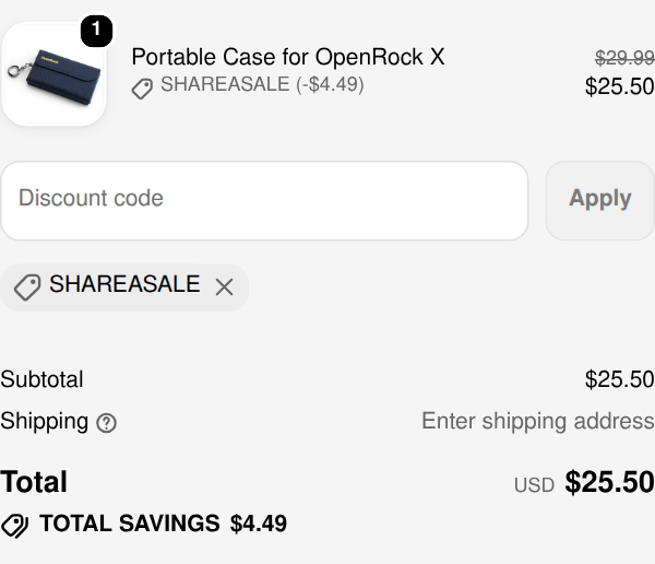 open-rock checkout with code ShareASale applied: $4.49 off, total $25.50