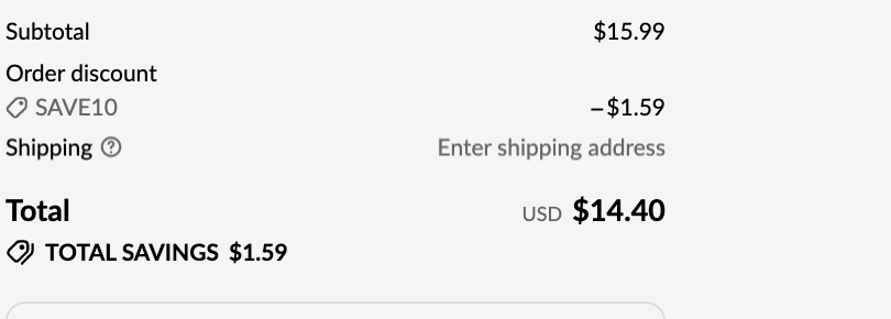 Happy & Polly checkout with code SAVE10 applied: subtotal $15.99, order discount $1.59, total USD $14.40