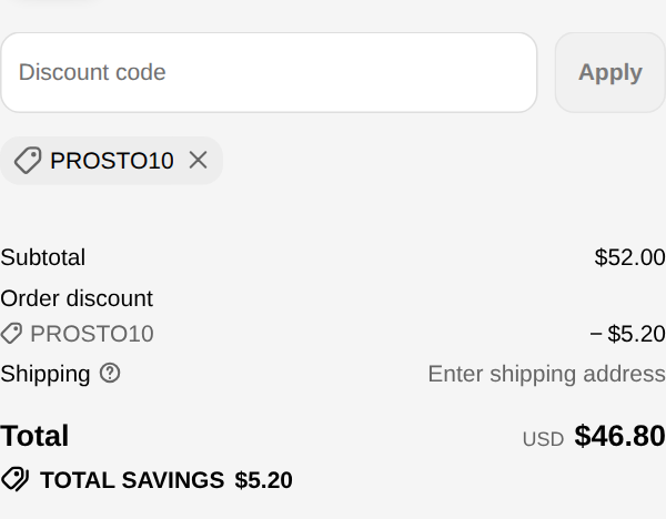 ProstoConcept checkout with code PROSTO10 applied: subtotal $52.00, order discount $5.20, total USD $46.80