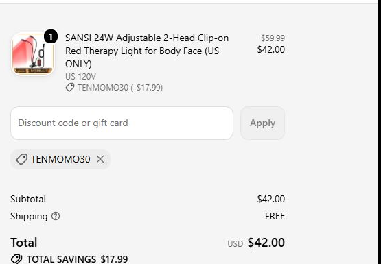 SANSI checkout with code TENMOMO30 applied: item $59.99 reduced to $42.00, discount TENMOMO30 minus $17.99, subtotal $42.00, shipping FREE, total $42.00